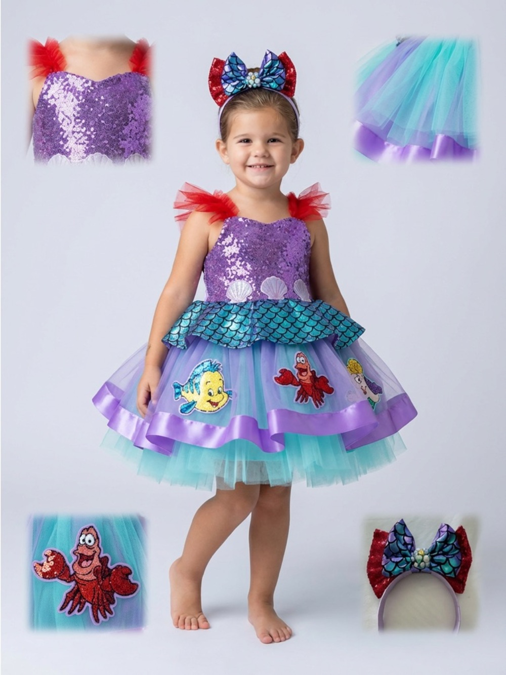 Mermaid Tutu Costume Kids Size 8 Sequins Dress Set Headband Tail